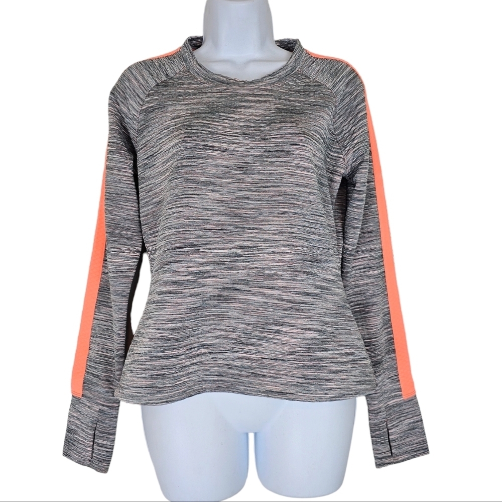 Athleta Snowscape Quilted Pullover S Gray Orange Space Dye Cozy Sweatshirt